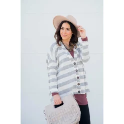 Heathered Striped Button Cardigan -Women's Clothing Store BB 2328 1