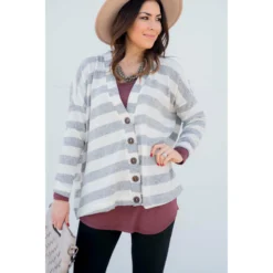 Heathered Striped Button Cardigan -Women's Clothing Store BB 2330