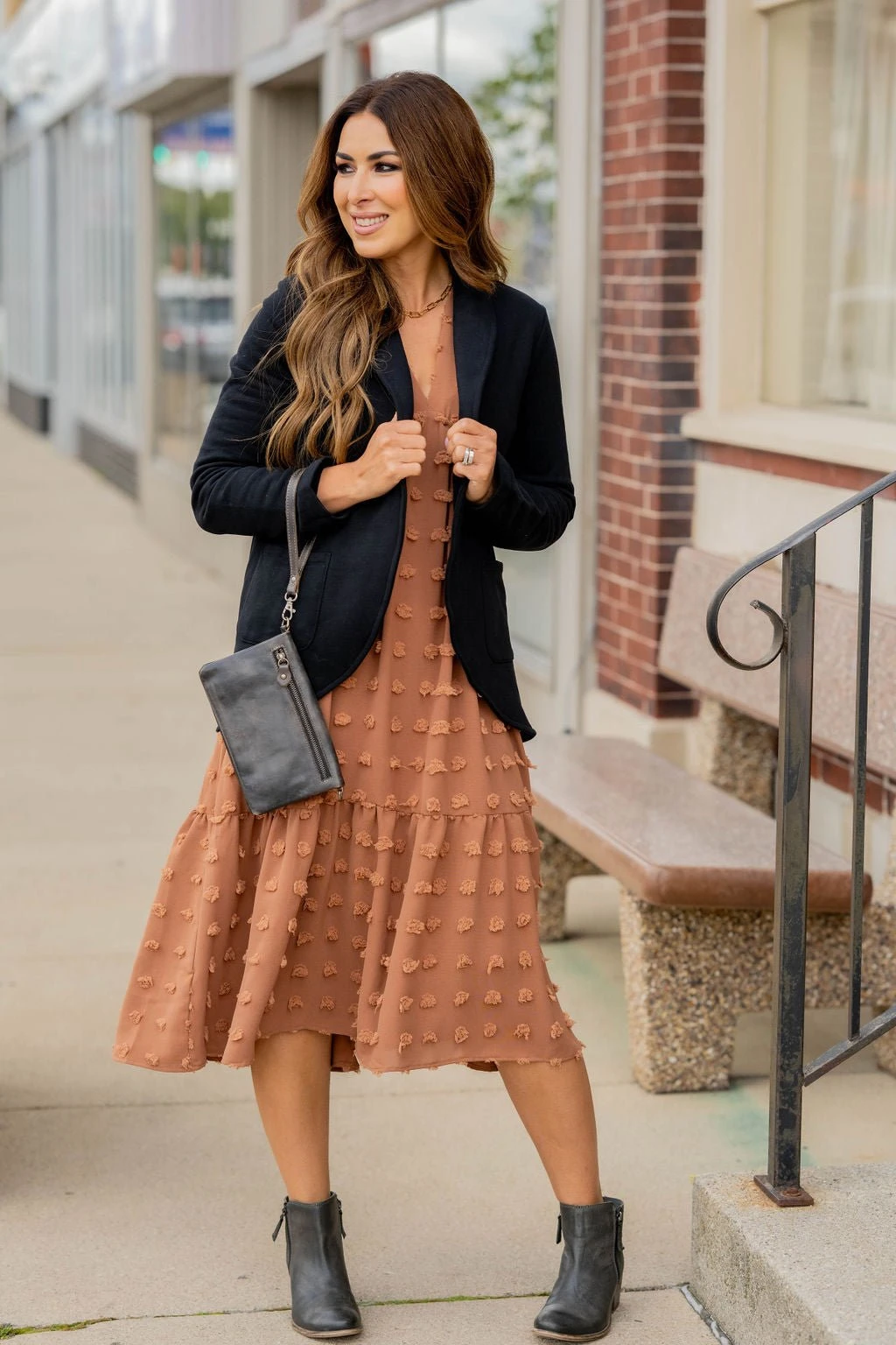 Textured Dot Ruffle Bottom V Midi Dress 2 Textured Dot Ruffle Bottom V Midi Dress - Image 2