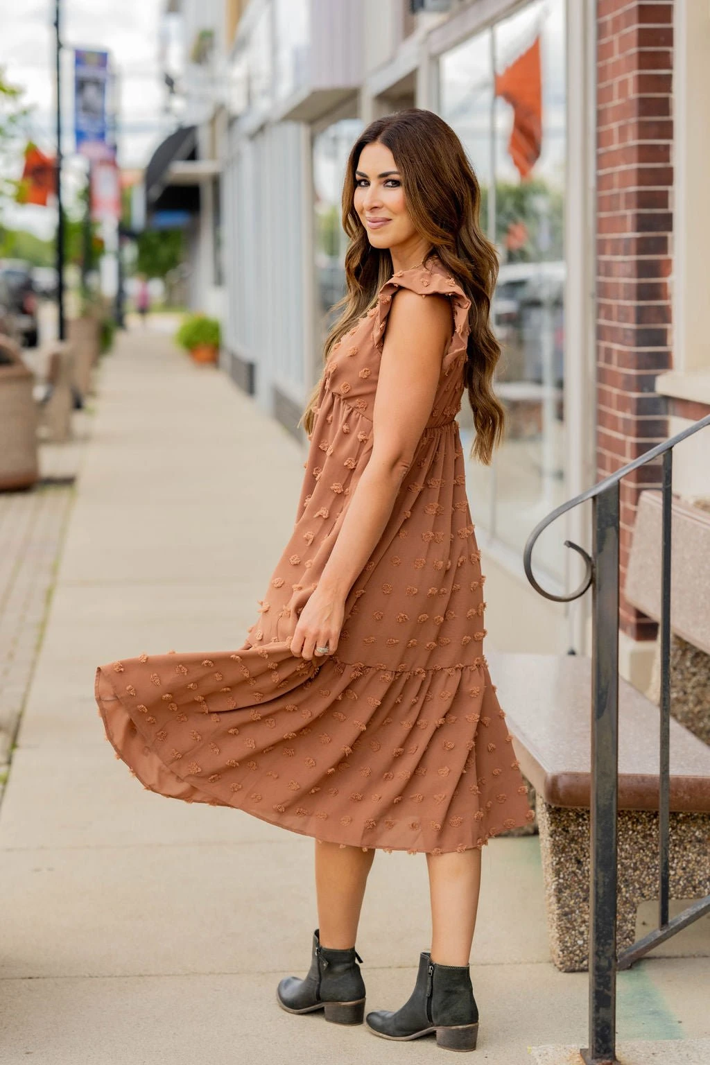 Textured Dot Ruffle Bottom V Midi Dress 14 Textured Dot Ruffle Bottom V Midi Dress - Image 14