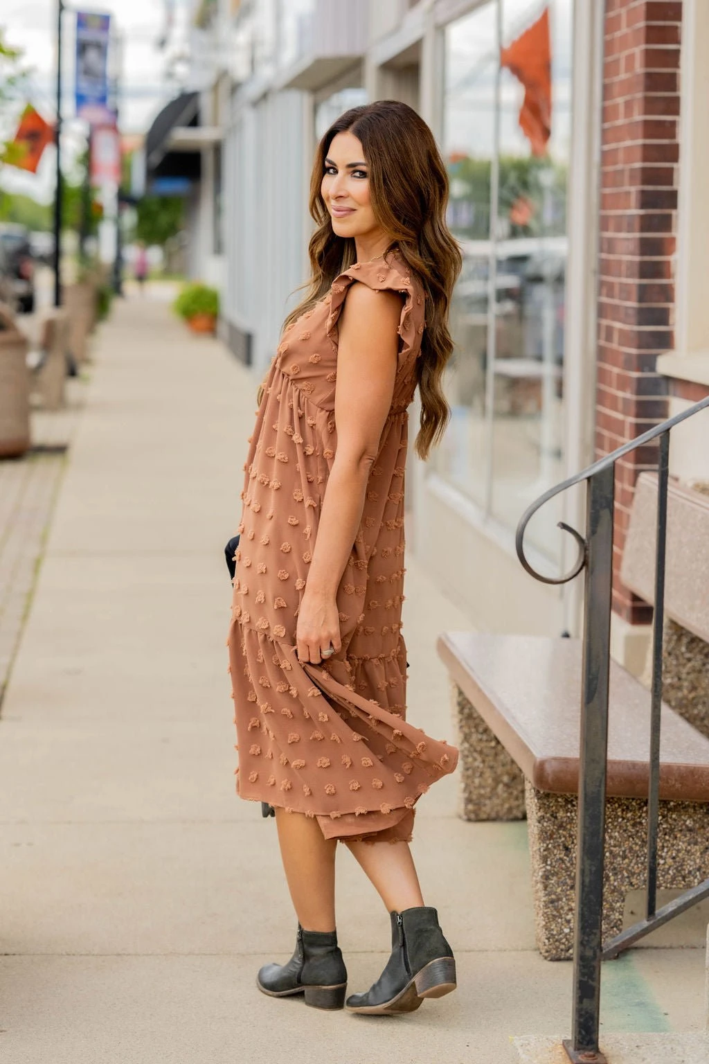 Textured Dot Ruffle Bottom V Midi Dress 15 Textured Dot Ruffle Bottom V Midi Dress - Image 15