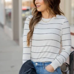 Lightly Ribbed Thin Striped Tee -Women's Clothing Store BB 2411