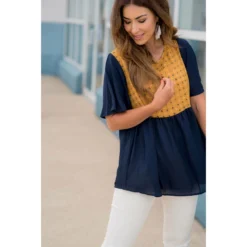 Printed Top Solid Peplum Sleeve Blouse -Women's Clothing Store BB 2415 1