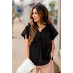 Pom Trim Flutter Sleeve Blouse -Women's Clothing Store BB 2495 3897abed 5cf2 4972 b496 f45bb51ee36c