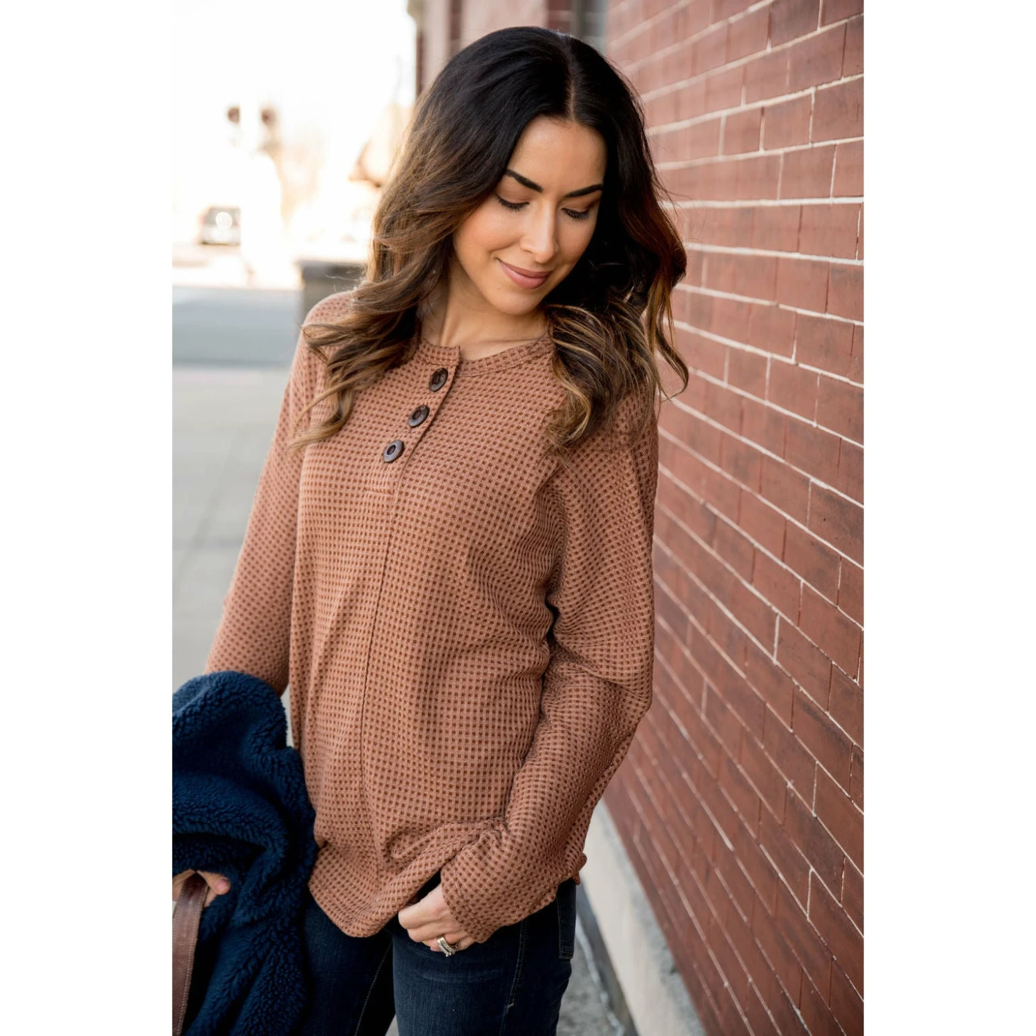 Textured Triple Button Top Long Sleeve Tee 2 Textured Triple Button Top Long Sleeve Tee - Image 2