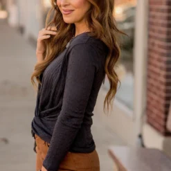 Vertical Textured Knot Front Tee -Women's Clothing Store BB 2502 70f45432 ca40 4734 b777 c8b7a8a856d2 767111