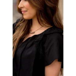 Pom Trim Flutter Sleeve Blouse -Women's Clothing Store BB 2504 cb6274bd aca3 4028 a00d 3c2999cc2a27