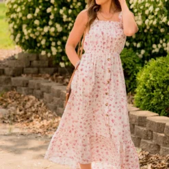 Painted Blossoms Button Accented Midi Dress -Women's Clothing Store BB 2508 14053780 504f 4132 9704 166b210ef672 557361