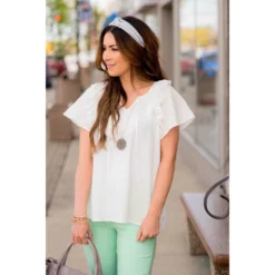 Pom Trim Flutter Sleeve Blouse -Women's Clothing Store BB 2756 3da217f1 2b1a 4c34 810e 09f057f25520