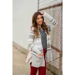 Light Grey Striped Cardigan -Women's Clothing Store BB 2762 80f3999c d942 4b47 8889 0d3a0e4cdec4