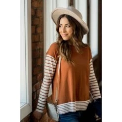 Ribbed Striped Sleeve Faux Layered Tee -Women's Clothing Store BB 2837 69c11232 e19e 4568 b99c ec601e27d394