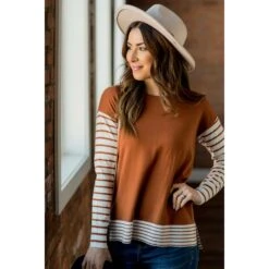 Ribbed Striped Sleeve Faux Layered Tee -Women's Clothing Store BB 2839 37a1063d 20ed 4648 99d2 44b48f0faae6