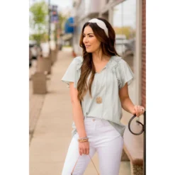 Pom Trim Flutter Sleeve Blouse -Women's Clothing Store BB 2862