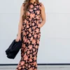 Retro Floral Ruffle Trim Maxi Dress