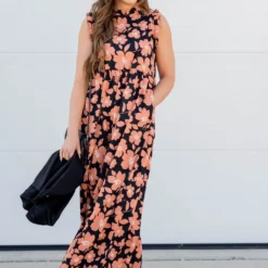 Retro Floral Ruffle Trim Maxi Dress