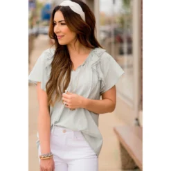 Pom Trim Flutter Sleeve Blouse -Women's Clothing Store BB 2875 080165f2 ba7d 4a00 b3a2 cad33858c5fd