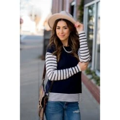 Ribbed Striped Sleeve Faux Layered Tee -Women's Clothing Store BB 2885