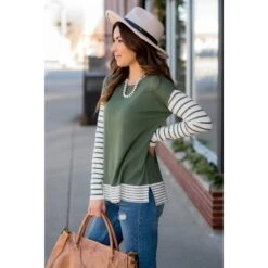 Ribbed Striped Sleeve Faux Layered Tee -Women's Clothing Store BB 2915 1324b18b a4ea 406a 8537 359b89a4e9c2