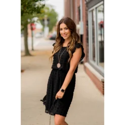 Textured Dot Cinched Waist Flutter Dress -Women's Clothing Store BB 3130