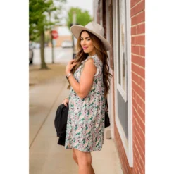 Mixed Sketched Floral Flutter Trim Dress -Women's Clothing Store BB 3136 5def8798 1ea3 4d9b 9500 1edb2e4ce83c