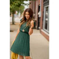Textured Dot Cinched Waist Flutter Dress -Women's Clothing Store BB 3203