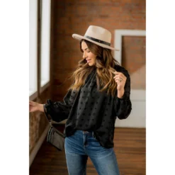 Textured Dot Cinched Neck Long Sleeve Blouse -Women's Clothing Store BB 3276 9b559acd dde5 4237 9541 a2bed902a8d5