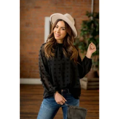 Textured Dot Cinched Neck Long Sleeve Blouse -Women's Clothing Store BB 3277 242bedc2 aead 40ba b687 03bd29042eef