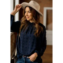 Textured Dot Cinched Neck Long Sleeve Blouse -Women's Clothing Store BB 3377 35237924 2219 41f8 8ce1 86e1952161b1