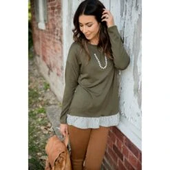 Striped Ruffle Bottom Long Sleeve Tee -Women's Clothing Store BB 3693