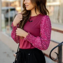 Spotted Sleeve Solid Body Blouse -Women's Clothing Store BB 3761