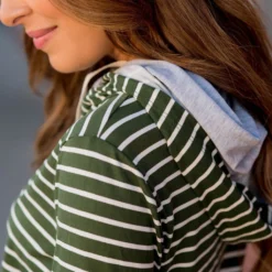 Striped Button Double Hoodie -Women's Clothing Store BB 3762 170272