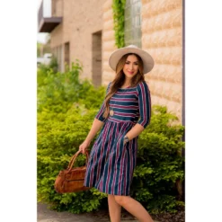 3/4 Sleeve Mixed Striped Midi