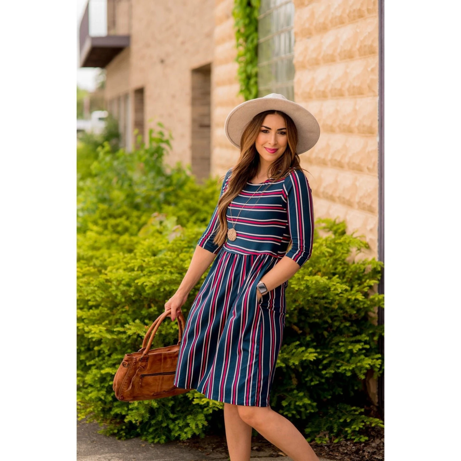 3/4 Sleeve Mixed Striped Midi 1 3/4 Sleeve Mixed Striped Midi