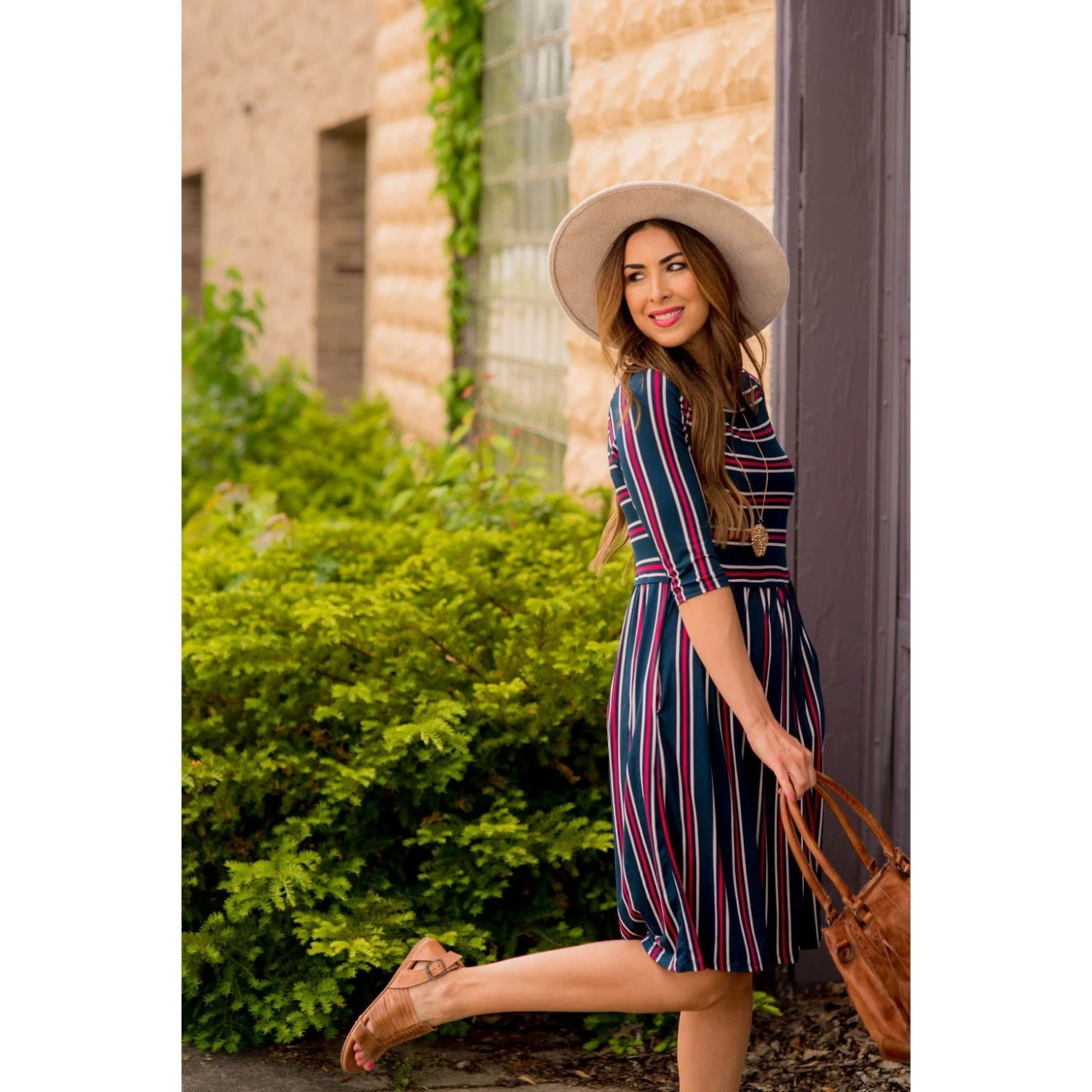 3/4 Sleeve Mixed Striped Midi 2 3/4 Sleeve Mixed Striped Midi - Image 2