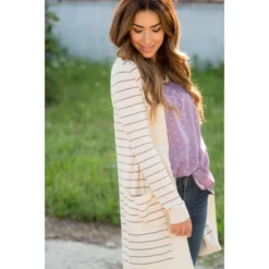 Thin Striped Cardigan-Cream -Women's Clothing Store BB 3771