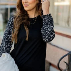 Spotted Sleeve Solid Body Blouse -Women's Clothing Store BB 3785 567061dc 278a 4bb9 a329 0af6162be345