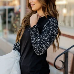 Spotted Sleeve Solid Body Blouse -Women's Clothing Store BB 3786