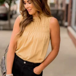 Pleated Bib Cinched Neck Tank