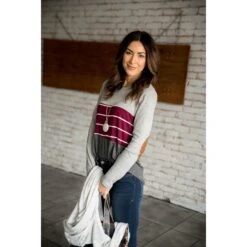 Grey/Striped/Solid Blocked Elbow Patch Tee -Women's Clothing Store BB 3868