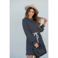 Stripe Tie Waist Pocket Sweatshirt Dress -Women's Clothing Store BB 3935