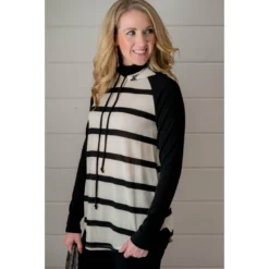 Striped Mock Neck Hoodie - Black