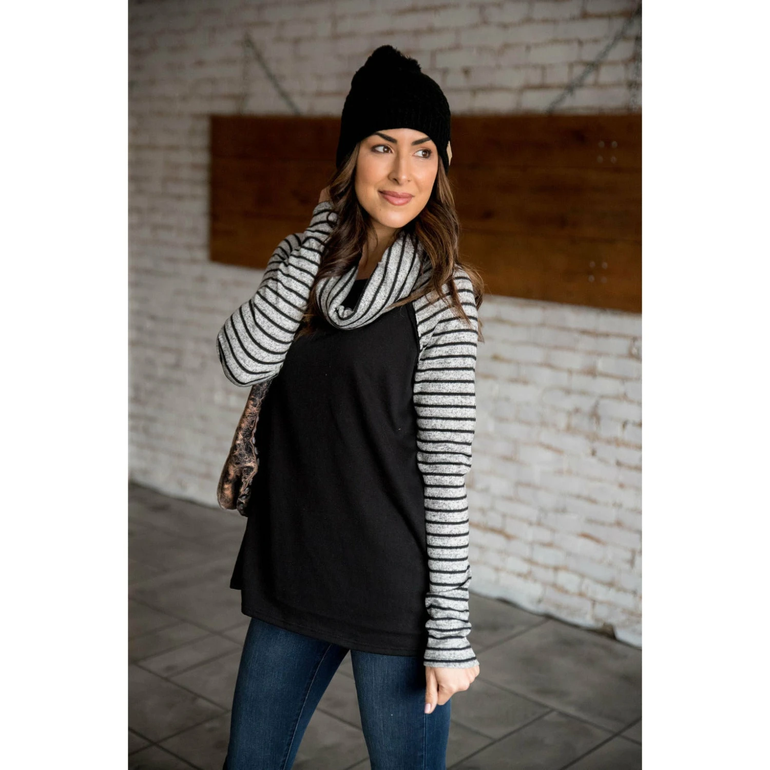 Striped Sleeve Cowl Neck 1 Striped Sleeve Cowl Neck