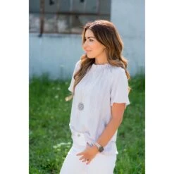 Vertical Striped Cinch Neck Blouse 19 Vertical Striped Cinch Neck Blouse -Women's Clothing Store BB 4010