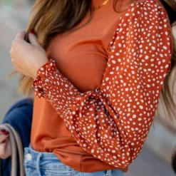 Spotted Sleeve Solid Body Blouse -Women's Clothing Store BB 4030