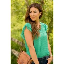 Textured Dot Short Flutter Sleeve Blouse 22 Textured Dot Short Flutter Sleeve Blouse -Women's Clothing Store BB 4184