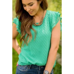 Textured Dot Short Flutter Sleeve Blouse