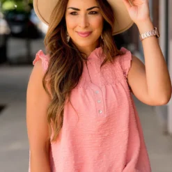 Micro Dot Ruched Top Button Accent Tank