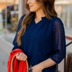 Mini Dot Sheer Sleeve V Blouse -Women's Clothing Store BB 4246 967a4661 fa3c 4c86 a1be ef4d14333e96