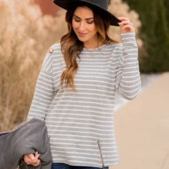 Mixed Stripe Zipper Bottom Sweatshirt