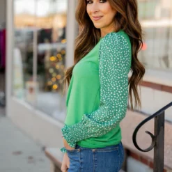 Spotted Sleeve Solid Body Blouse -Women's Clothing Store BB 4266